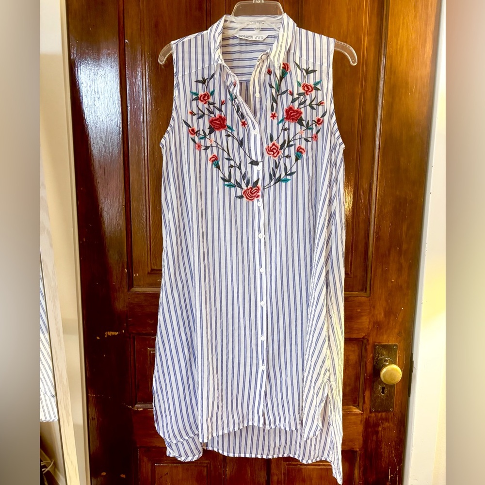 Zara Embroidered Rose Stripe Shirt Dress XL Cotton